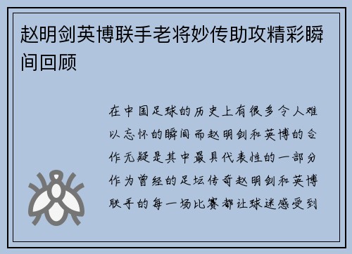 赵明剑英博联手老将妙传助攻精彩瞬间回顾