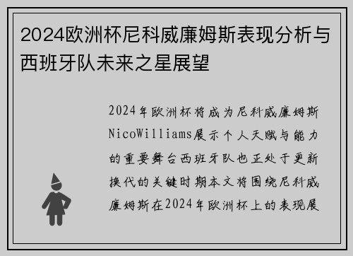 2024欧洲杯尼科威廉姆斯表现分析与西班牙队未来之星展望