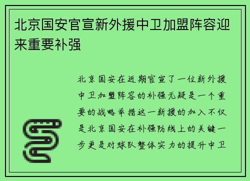 北京国安官宣新外援中卫加盟阵容迎来重要补强