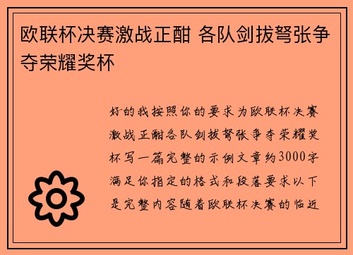 欧联杯决赛激战正酣 各队剑拔弩张争夺荣耀奖杯