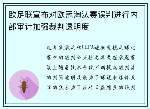 欧足联宣布对欧冠淘汰赛误判进行内部审计加强裁判透明度 欧足联宣布对欧冠淘汰赛误判进行内部审计加强裁判透明度